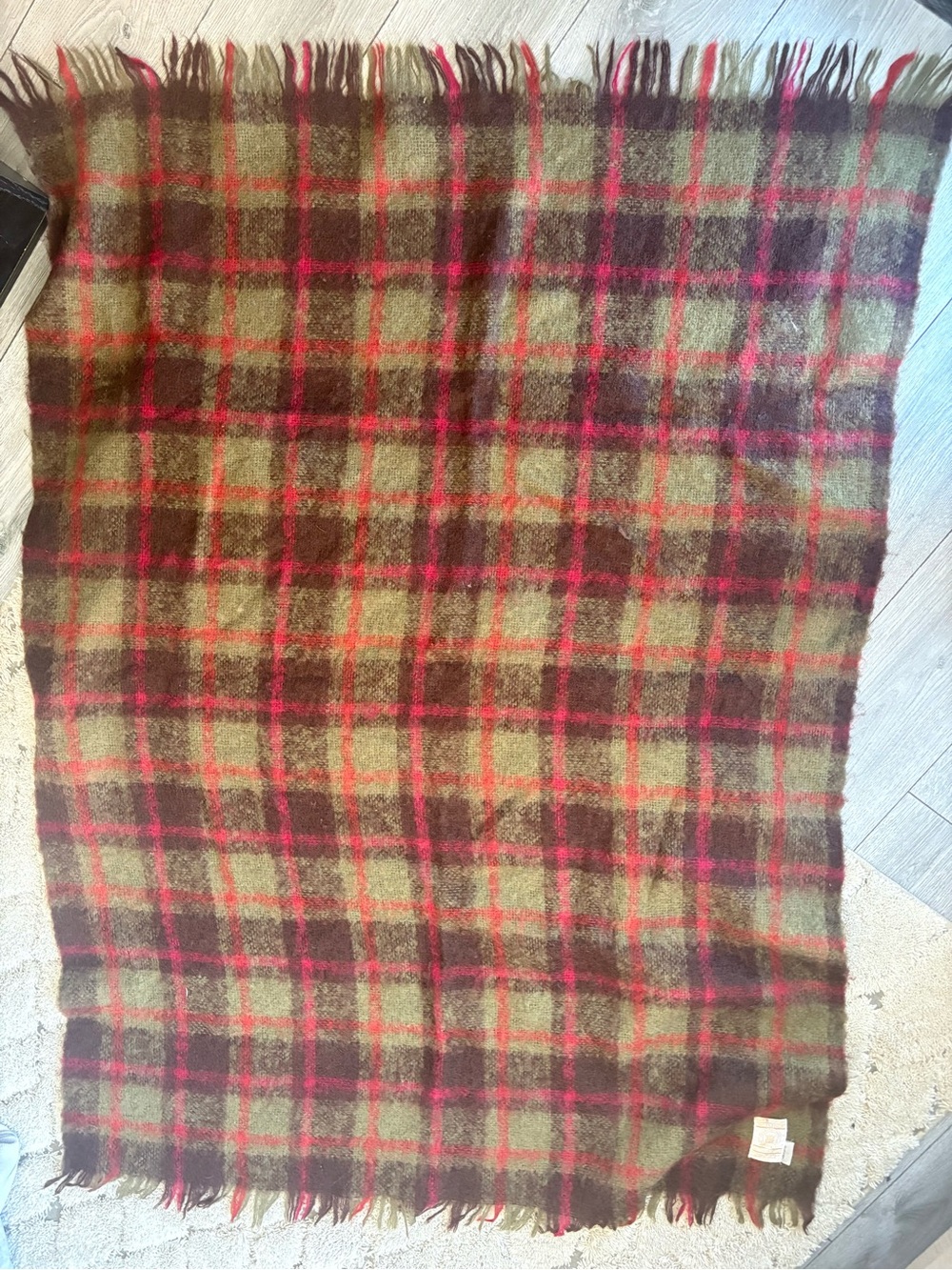 Hudson Bay Mohair Throw Blanket in Olive, Brown & Red